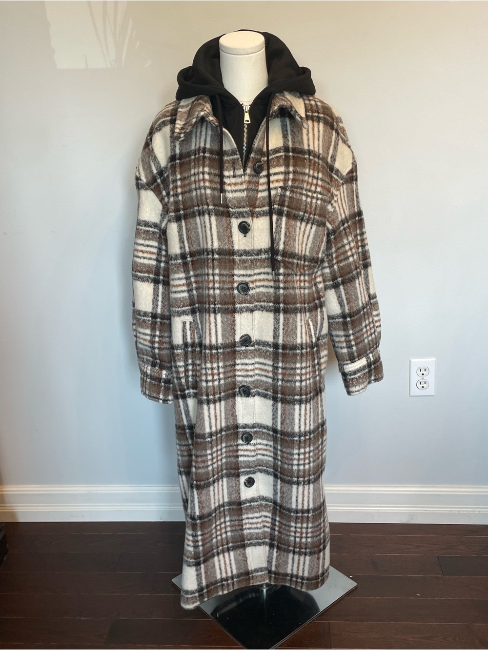 Avec Les Filles Brown & Cream Plaid Long Trench Coat